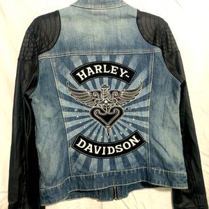 ‘Women’s’ Harley Davidson Jacket. Denim, Faux Leather, Embroidery. Size Large.